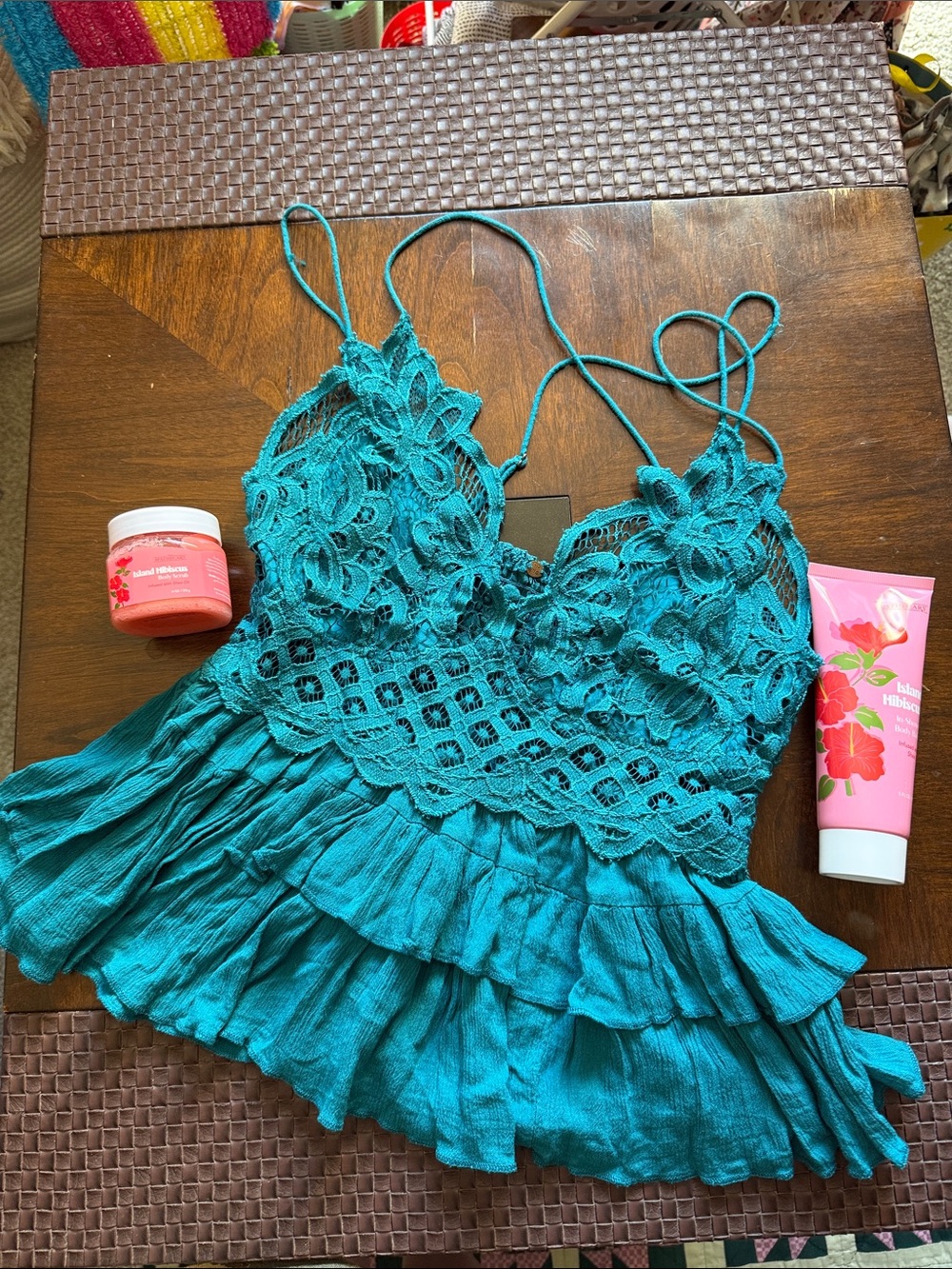 Free People Teal Crochet Ruffle Tank
